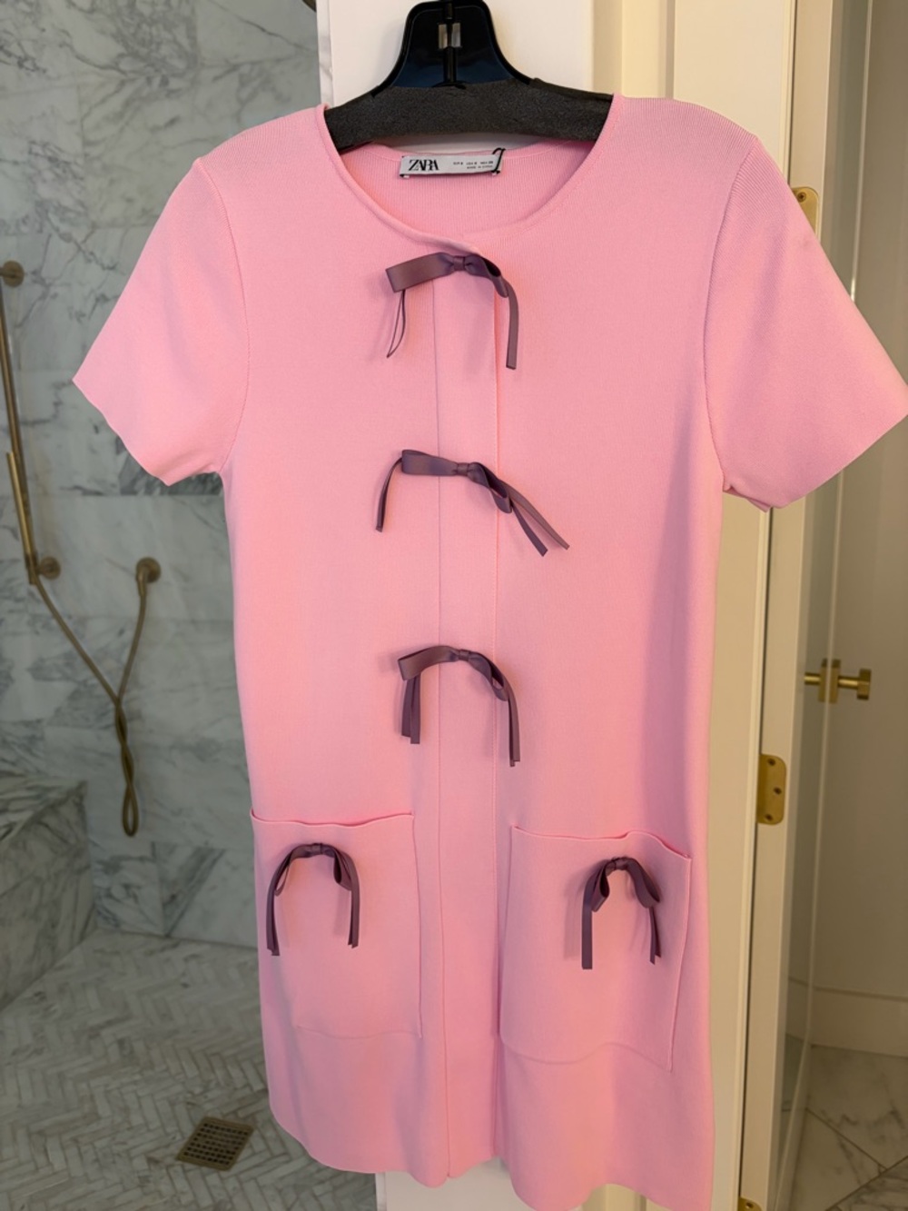 Zara Pink Shift Dress with Mauve Ribbon Ties